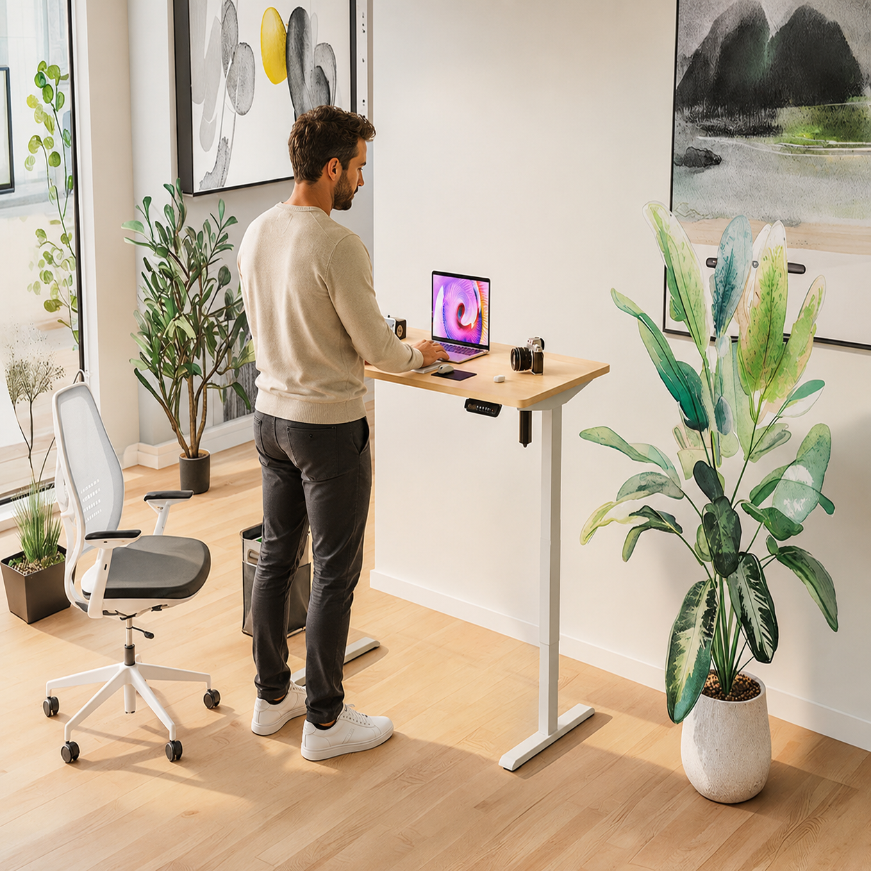 Bureau assis debout + tapis + planche équilibre